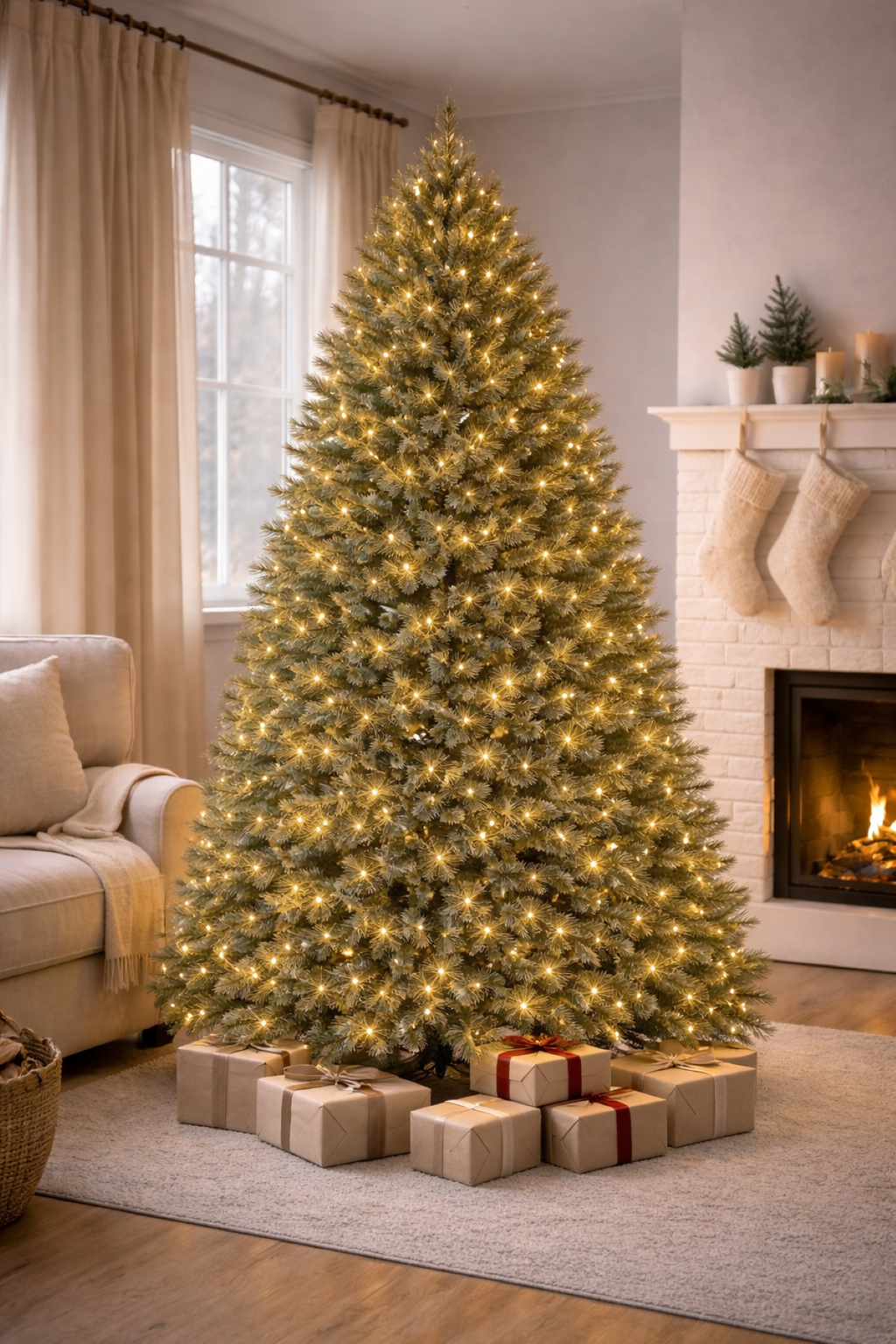 8ft American Cashmere Christmas Tree Green 2.44m Hinged with 760 Warm White LED's