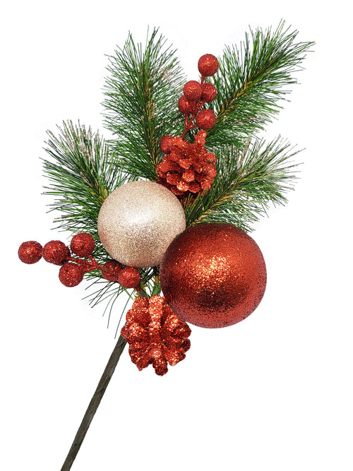 18 inch Pine Spray with Gold Tips and Pine Cone and Balls 46cm - Artificial Xmas Tree