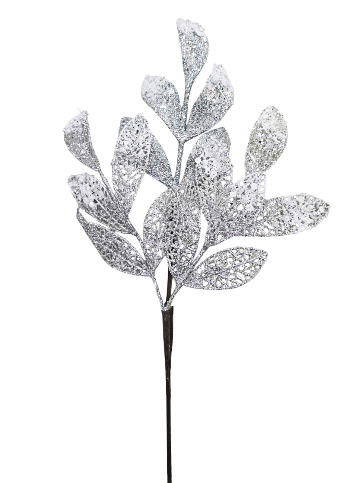 23 inch Leaf Spray with Silver Glitter 58cm