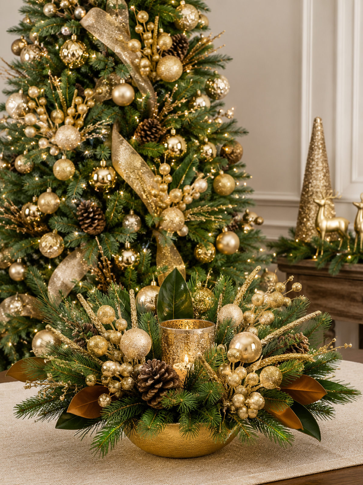 18 inch Pine Needle Spray with Gold Balls 46cm
