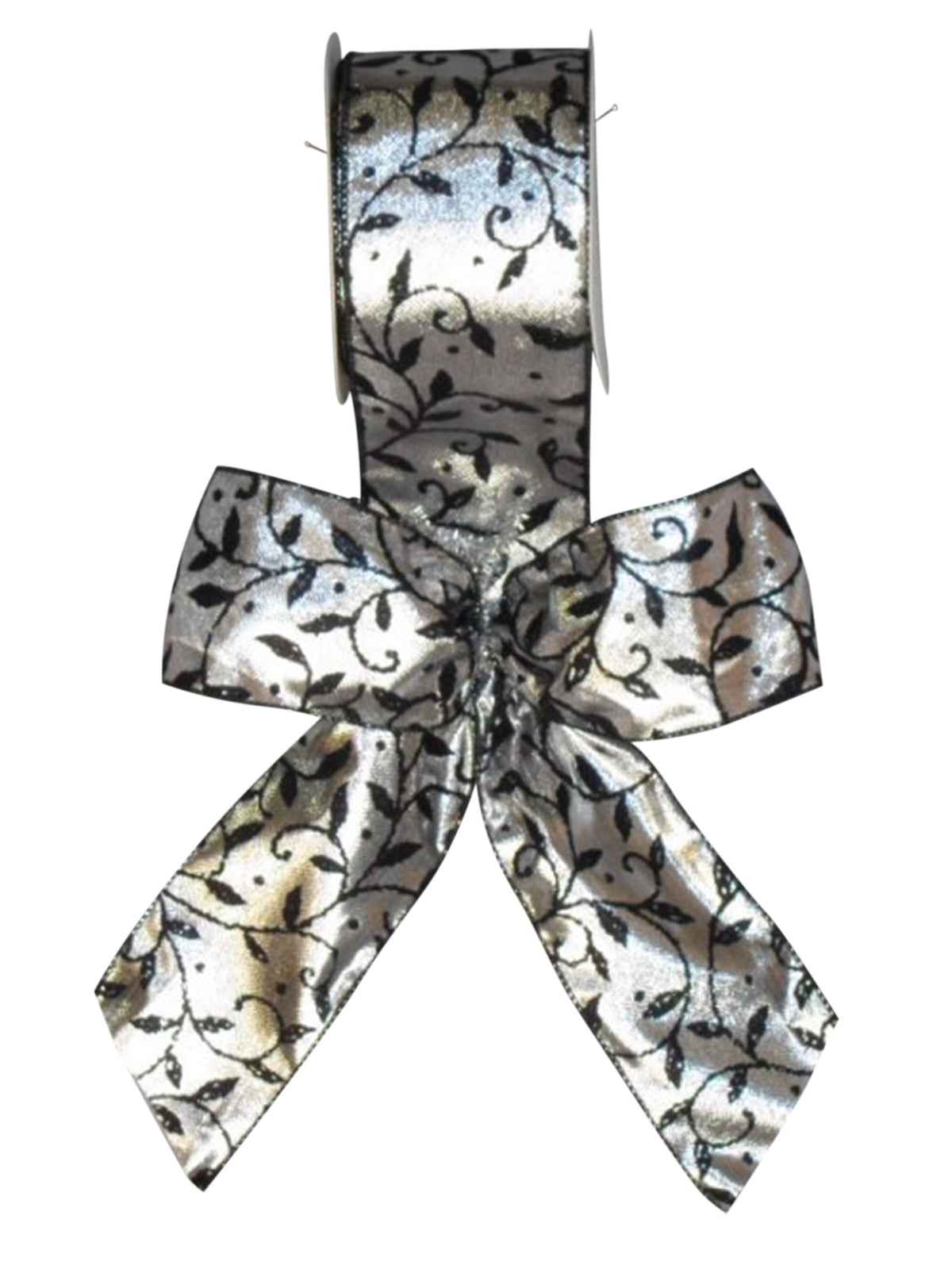 Bow Silver Satin with Black Flocked Leaf Design
