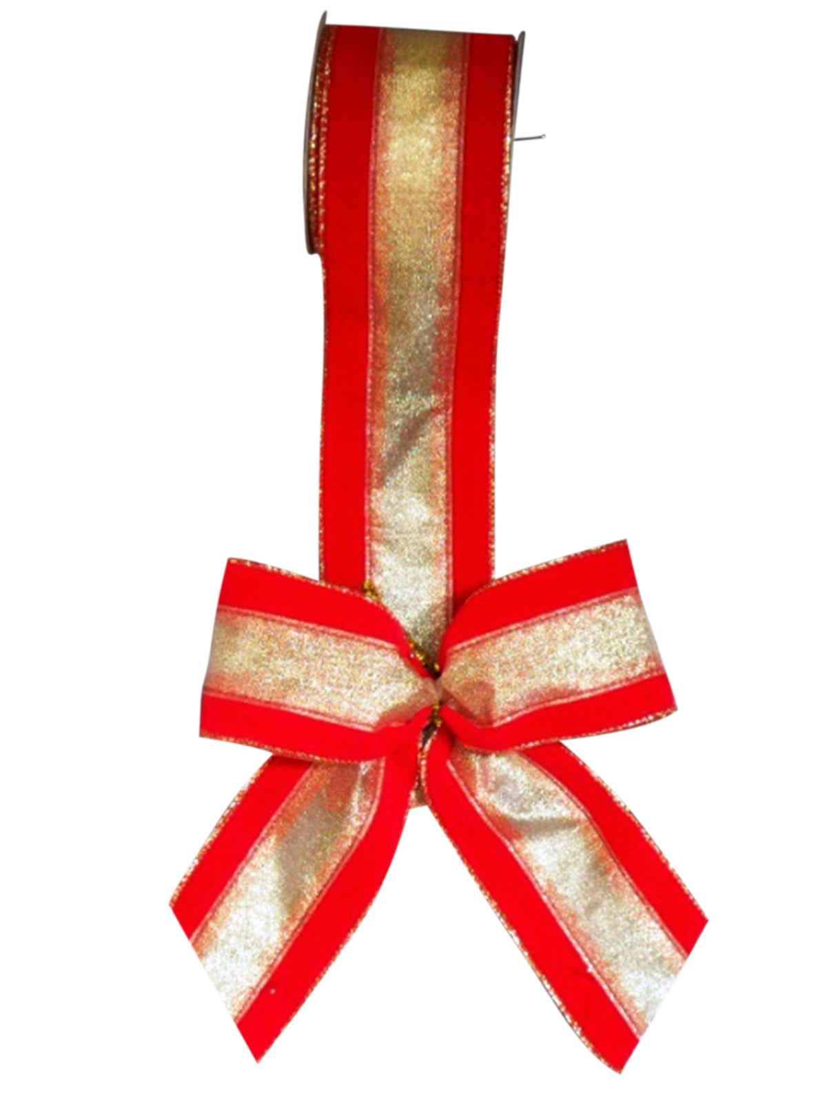 Bow Red Velvet with 3.5cm Sheer Gold Strip in Centre - Wired 22cm