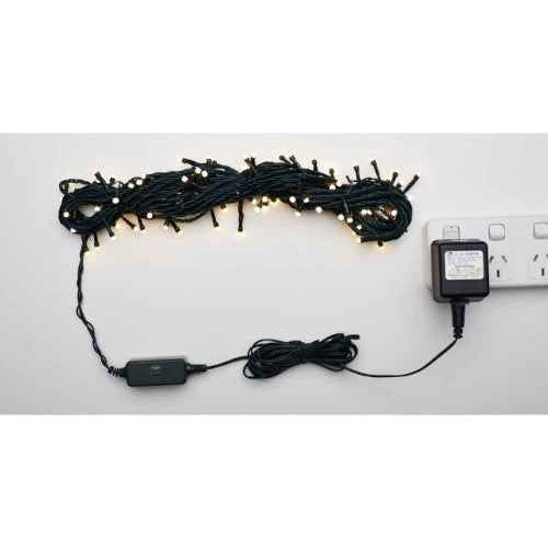 Christmas LED Lights x 100 Warm White (soft yellow) with Green cord