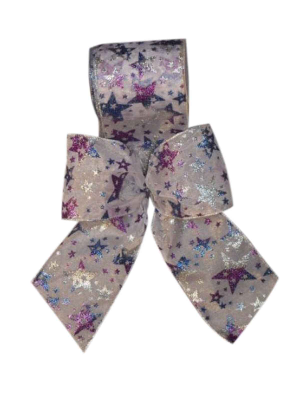 Bow Silver Organza with Blue/Silver/Purple Glitter Stars - Wired 26cm